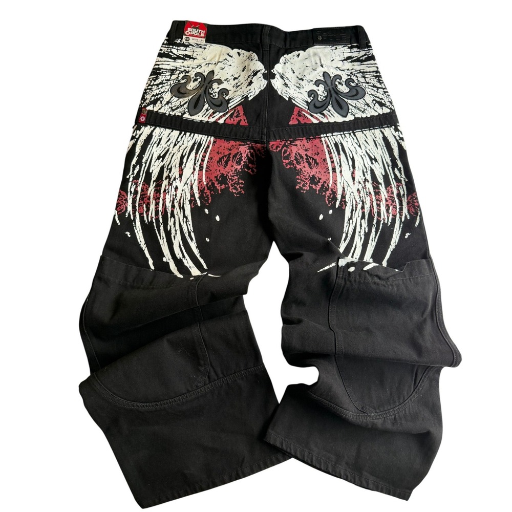 Southpole Wide Leg Jeans 27 Black Wing Graphic Baggy Y2K Streetwear